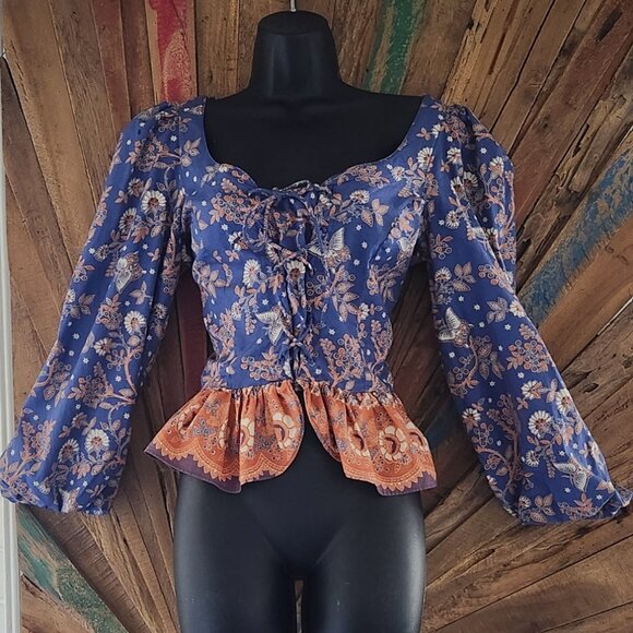 House of Harlow cinched waist/corset fitted floral/butterfly blouse XS - Picture 5 of 13